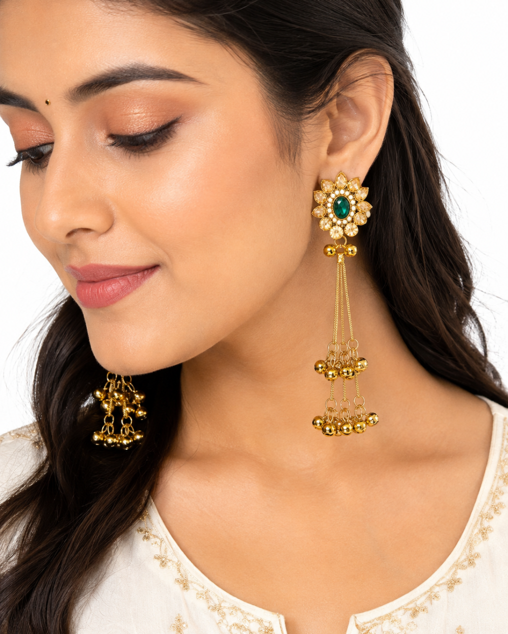 Kashmiri Ghungroo Dangler Earrings - close-up floral detail