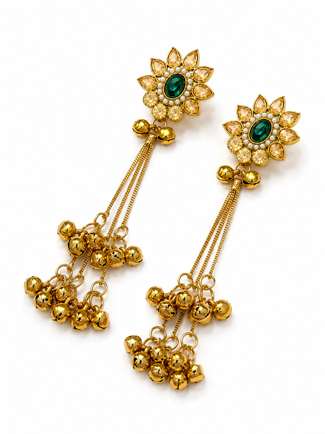 Kashmiri Ghungroo Dangler Earrings - green stone gold-tone with bell charms