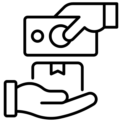 Black and white line icon depicting a hand holding a package with a delivery money bag floating above it, symbolizing fast shipping or delivery service.