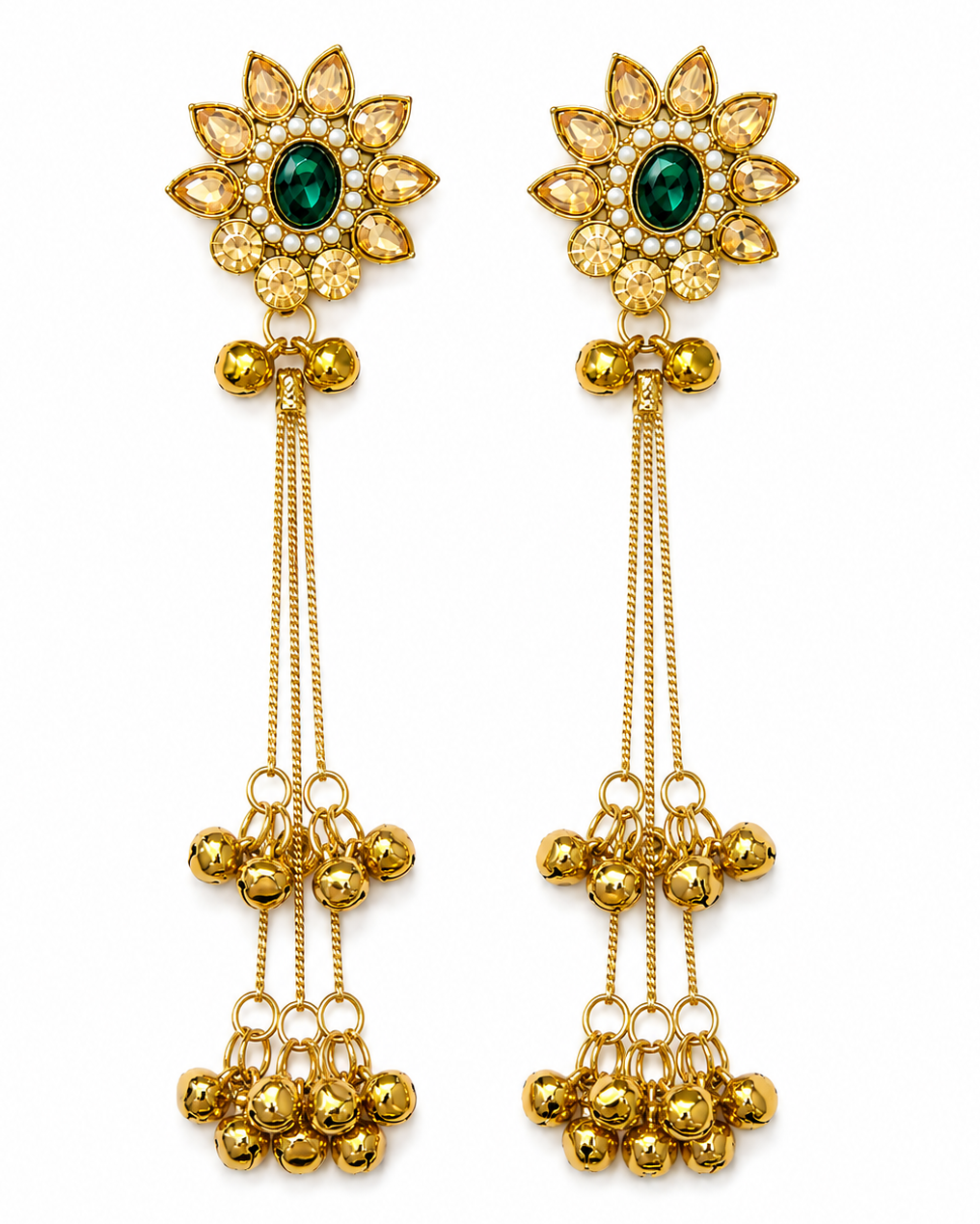 Kashmiri Ghungroo Dangler Earrings worn - cascading chains and bell charms