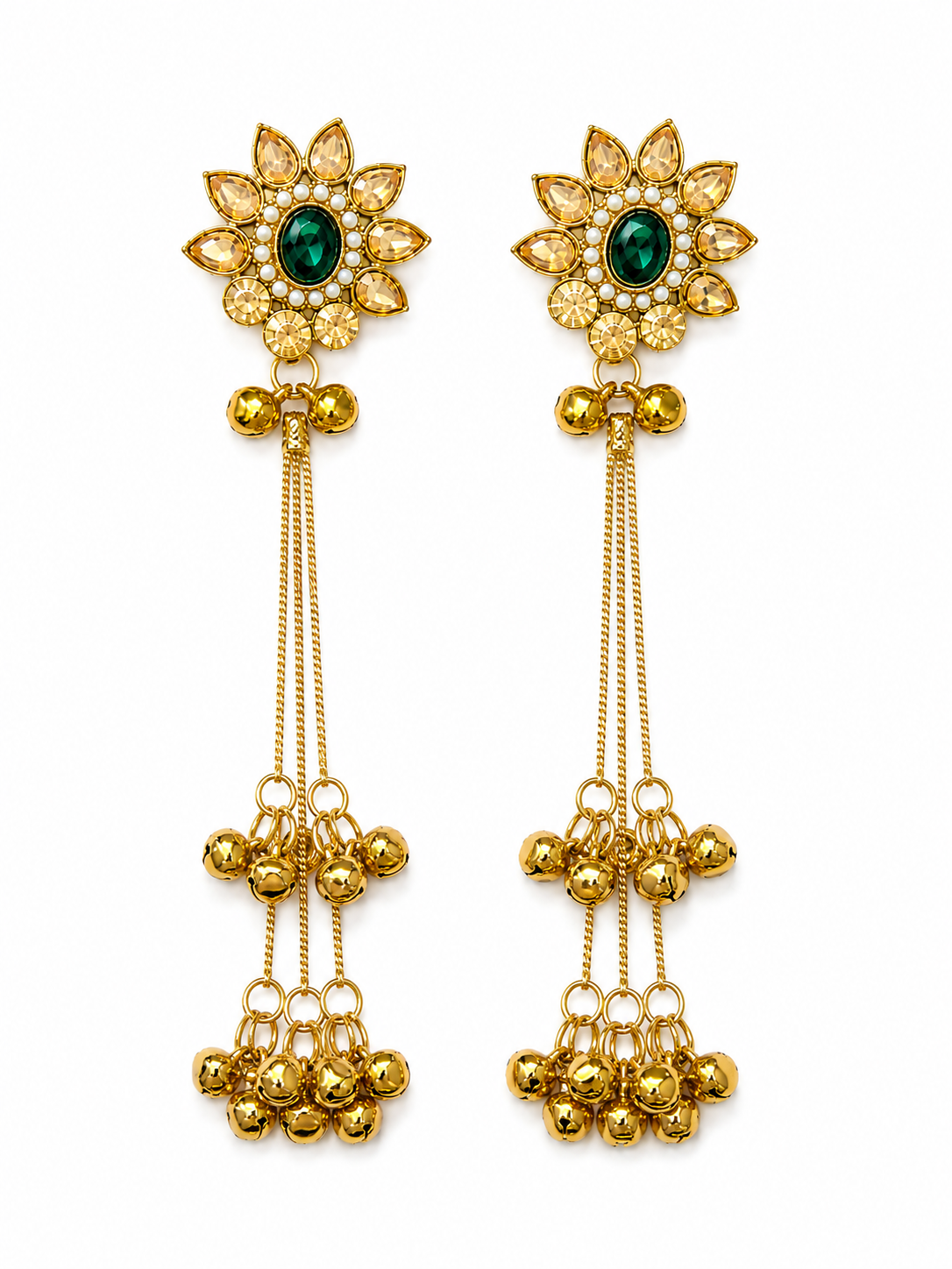 Kashmiri Ghungroo Dangler Earrings worn - cascading chains and bell charms