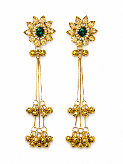 Kashmiri Ghungroo Dangler Earrings worn - cascading chains and bell charms