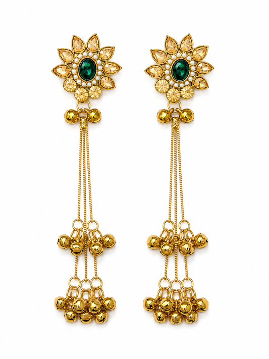 Kashmiri Ghungroo Dangler Earrings worn - cascading chains and bell charms