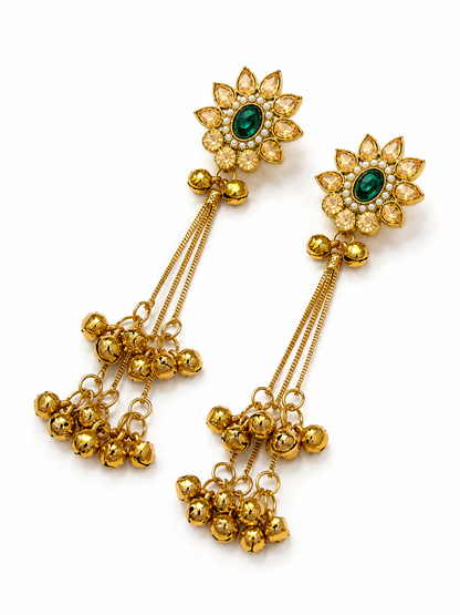 Kashmiri Ghungroo Dangler Earrings - green stone gold-tone with bell charms