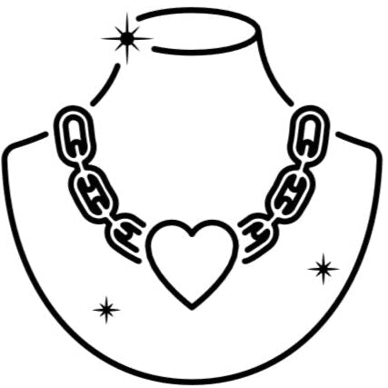 Black and white illustration of a necklace with a heart pendant and 'Handcrafted in India' text on a white background.