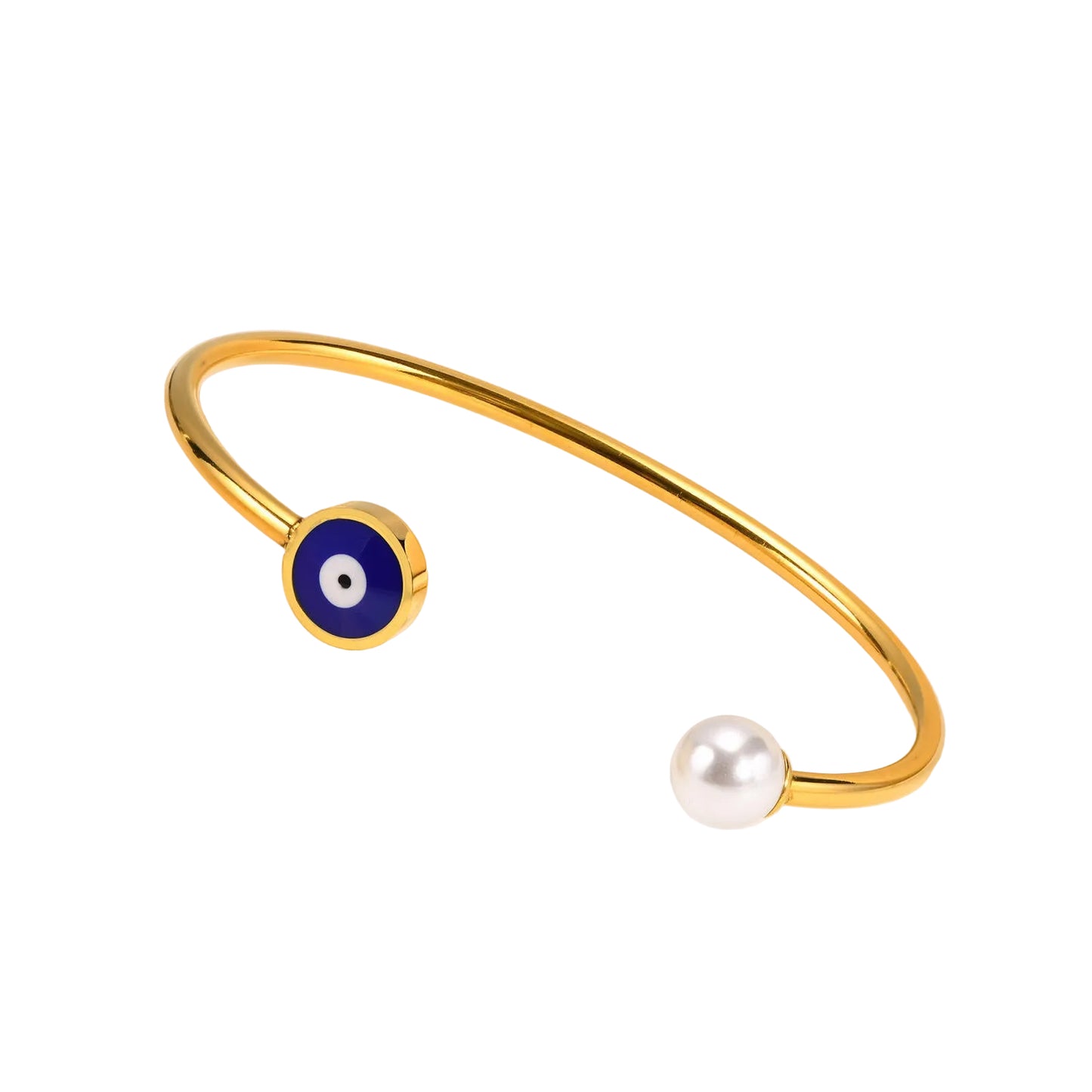Gold-tone open cuff bracelet with a blue evil eye charm and a white pearl bead, displayed on a cream-colored jewelry stand.