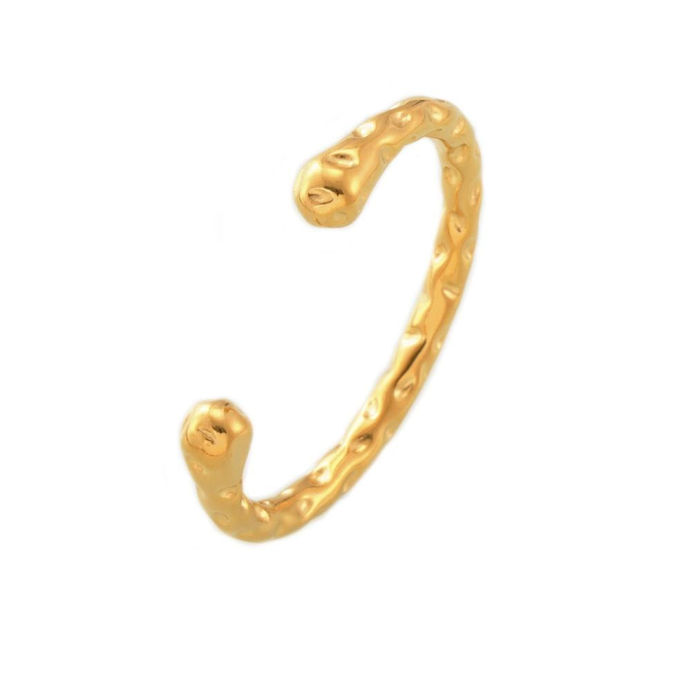 A textured gold open-ended ring, also known as a snake ring, featuring a hammered finish and rounded tips, shown on a plain white background.