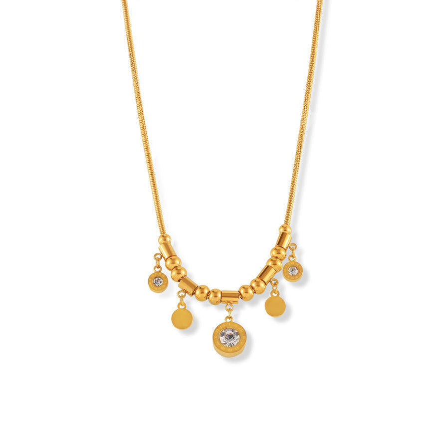 Gold necklace with round pendants on a white background