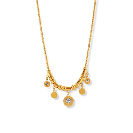 Gold necklace with round pendants on a white background