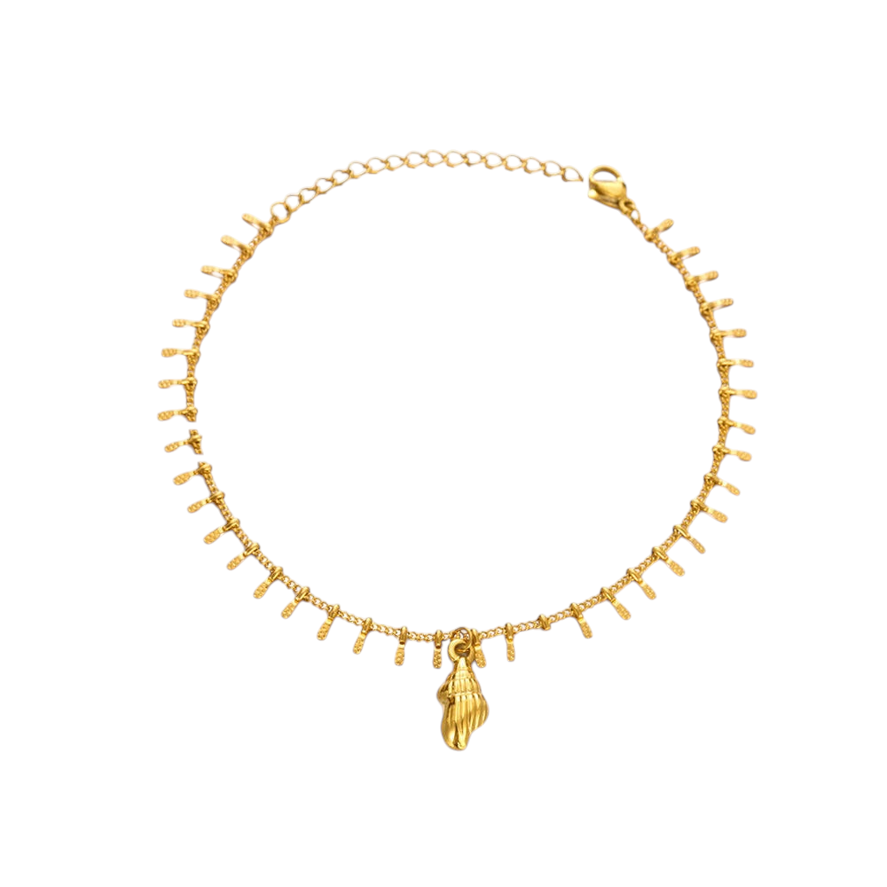 Gold anklet with a seashell pendant, shown with dimension annotations indicating a total length of 20+5cm (7.87+1.