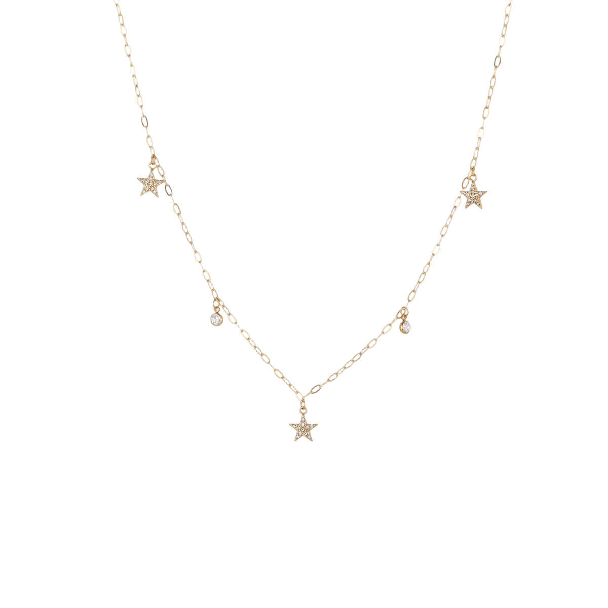A delicate gold chain necklace featuring three small star charms, two tiny teardrop charms, and one larger star pendant at the center, displayed on a solid white background.